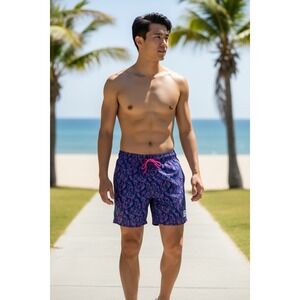 Beach Bros Surf Shop Men's L Basket Lined Swim Trunks Blue Flamingoes EUC